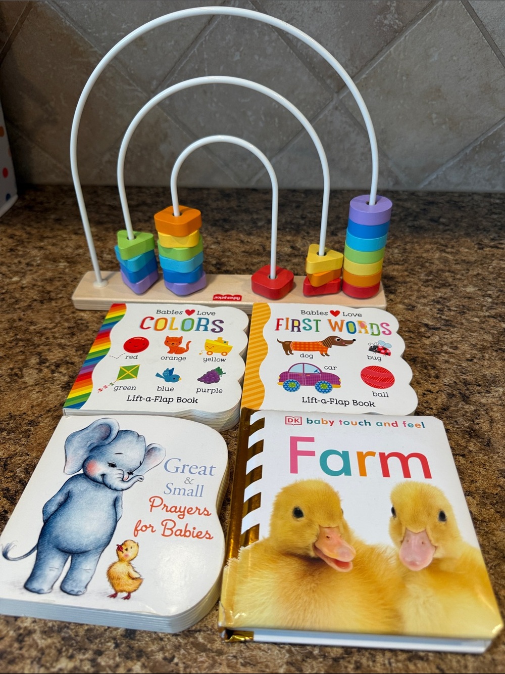 NEW Fisher Price Rainbow Wooden Bead Maze Stacking Toy with Baby Board Books